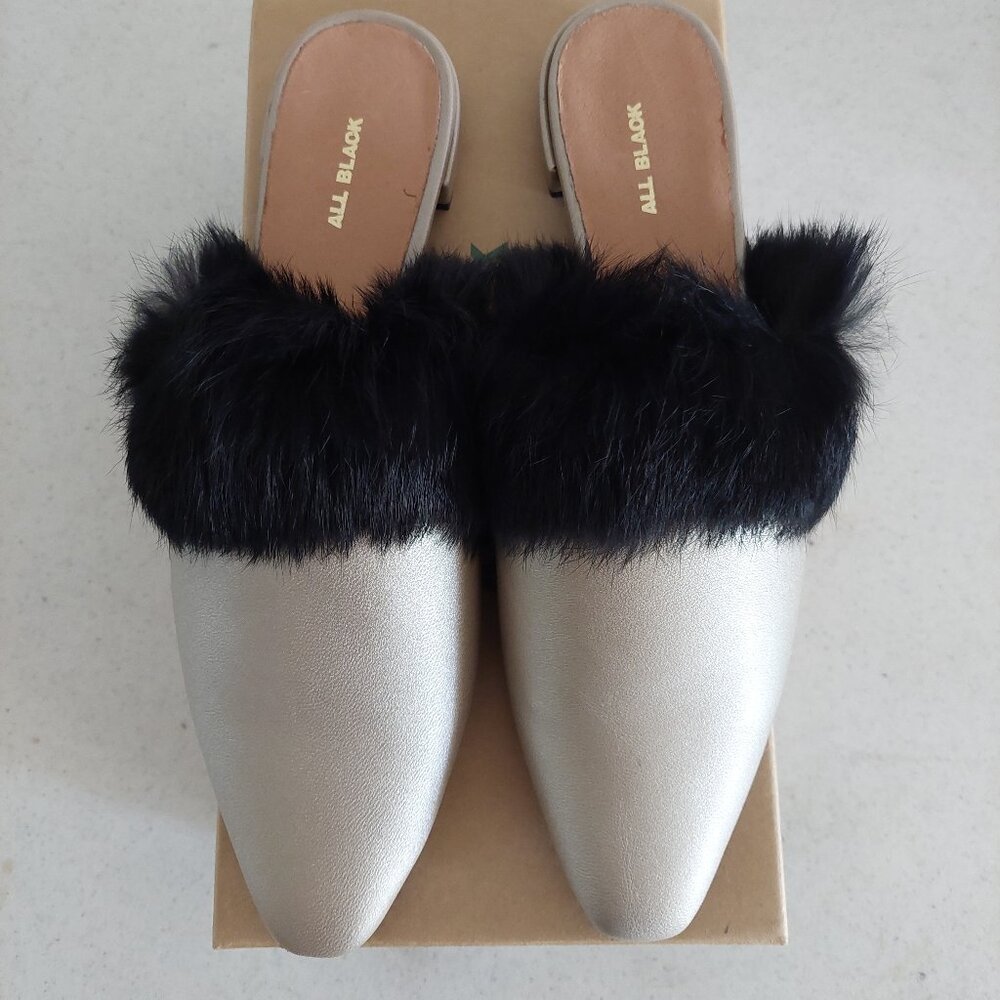 All Black Brand Women Nude Black Fur Suede Mules Size 8M US New